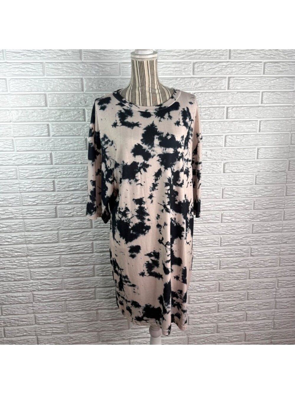 Tie Dye Drop Shoulder Mini Tee Dress Black Light Pink Abstract Pattern Size XXL